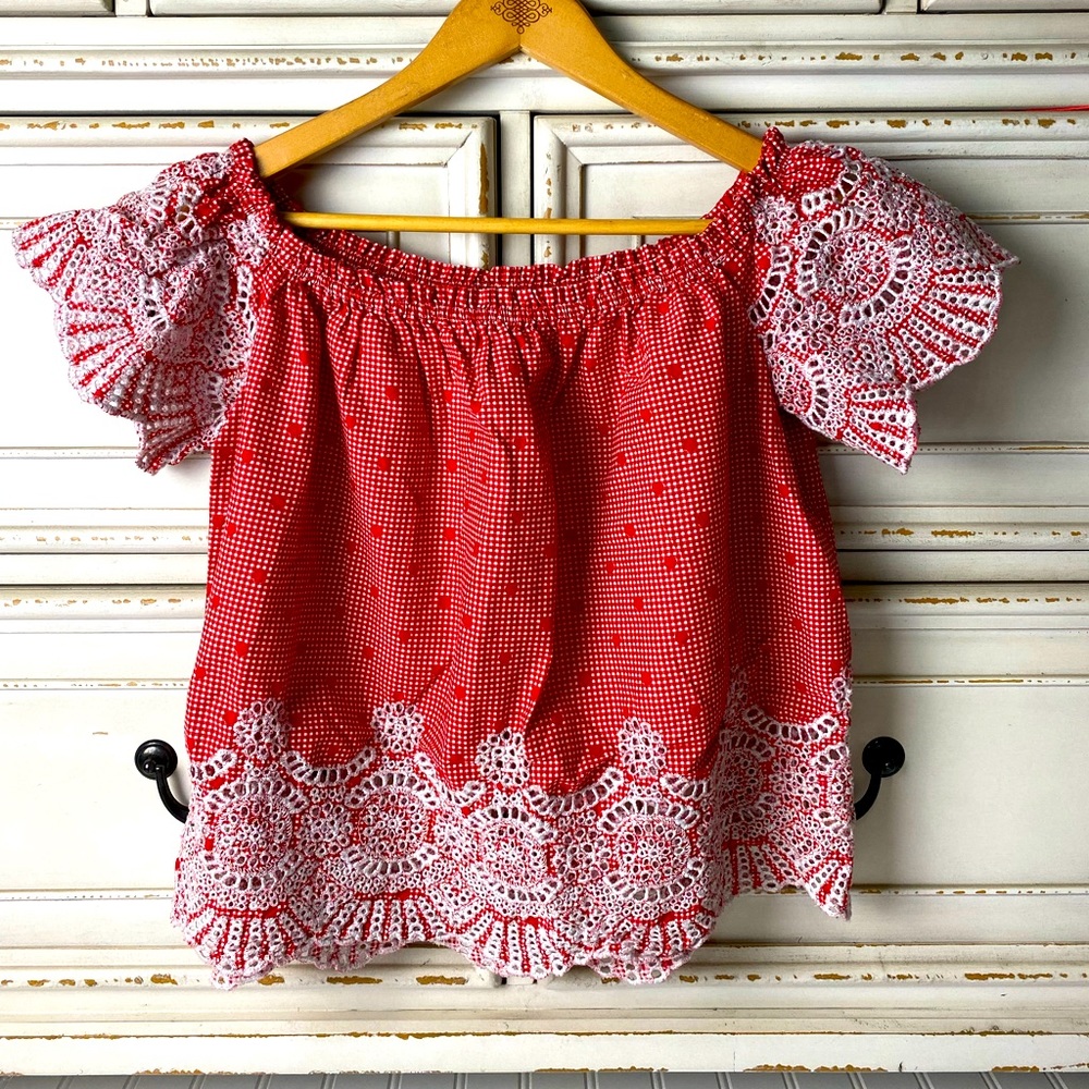 Cropped Cut-Out Embroidered Eyelet Gingham Top